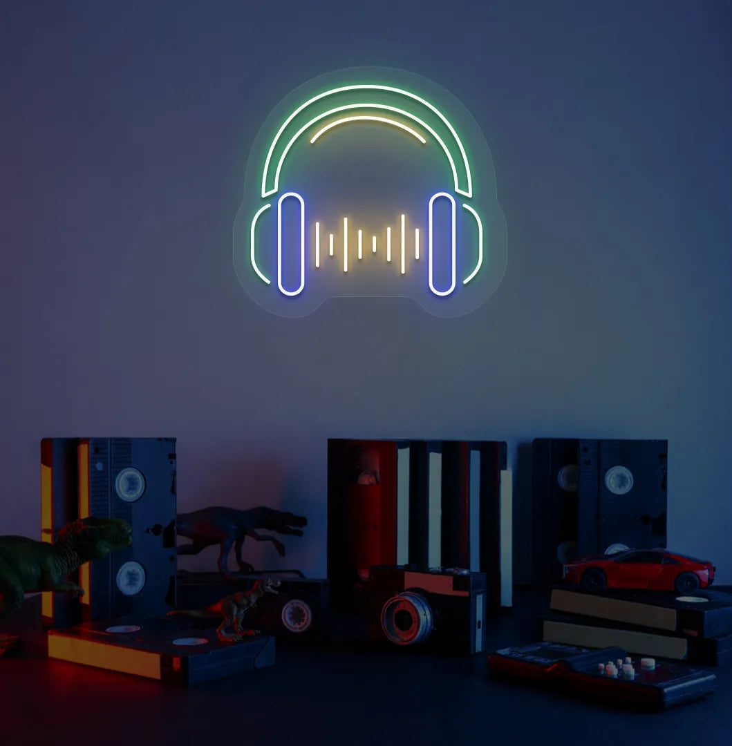 Modern aesthetic room with headphone neon sign glowing green.