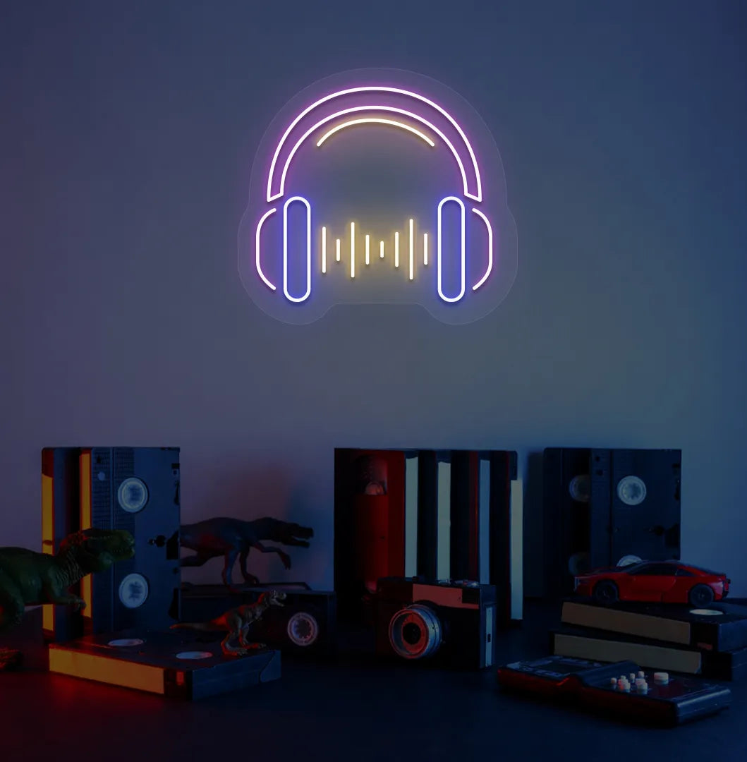 Modern aesthetic room with headphone neon sign glowing purple.
