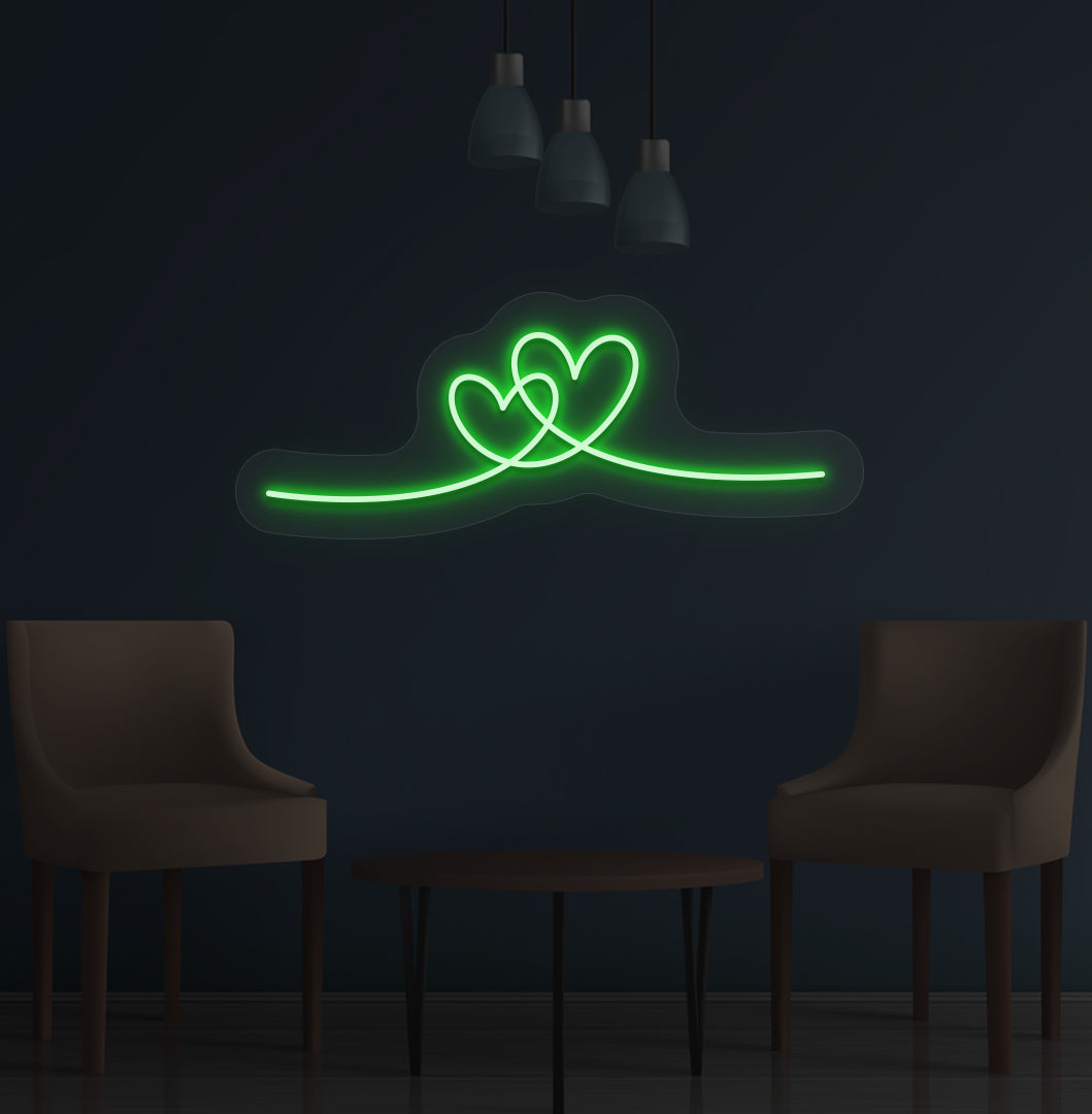 Aesthetic wall with a heart neon sign glowing green. Perfect for bedrooms, living rooms, cafés, events, and party setups.