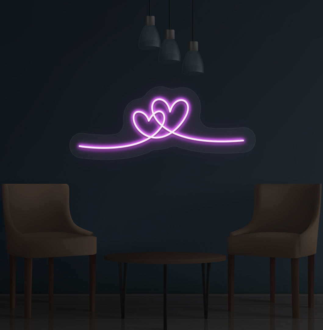 Aesthetic wall with a heart neon sign glowing purple. Perfect for bedrooms, living rooms, cafés, events, and party setups.