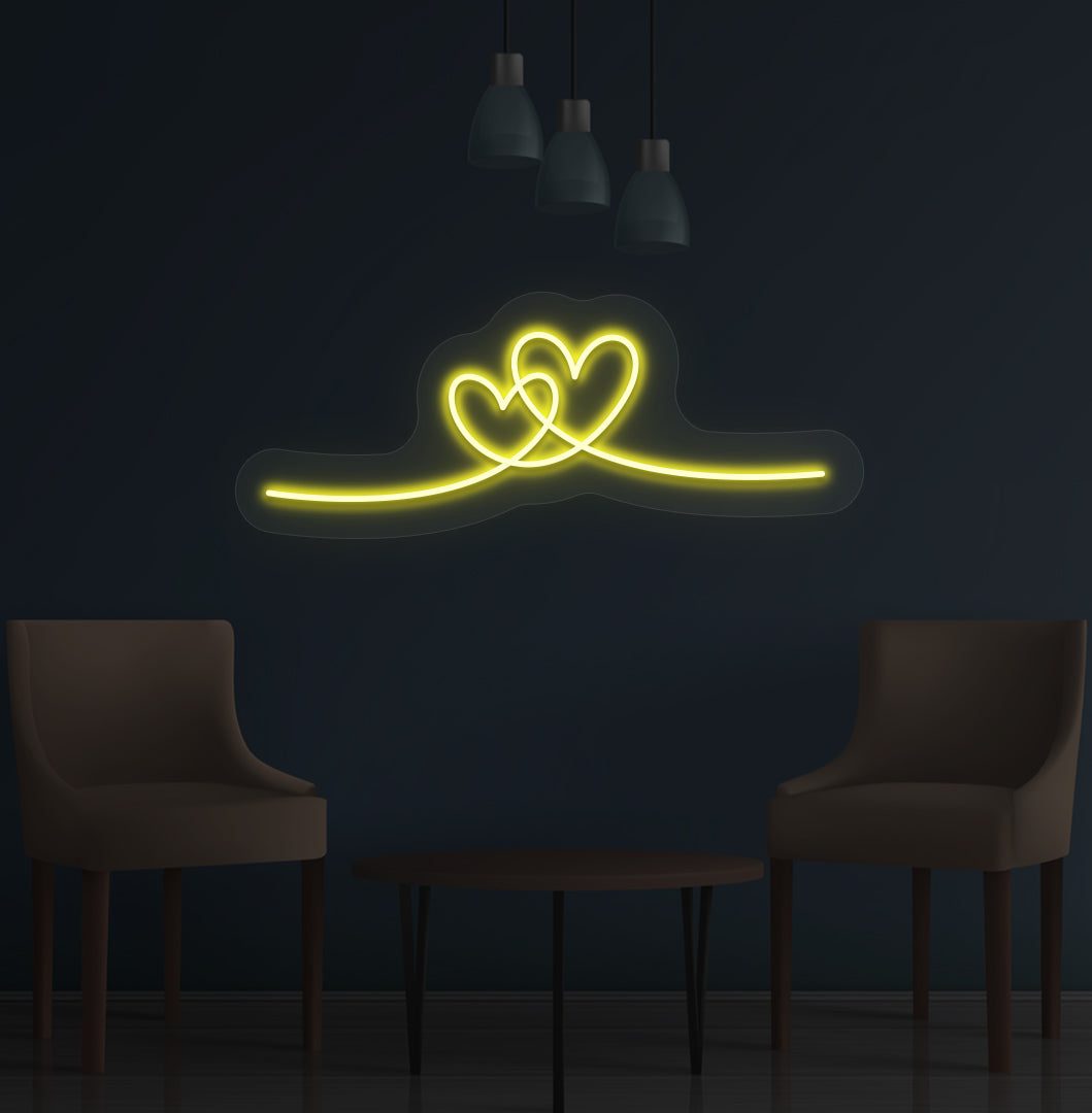 Aesthetic wall with a heart neon sign glowing yellow. Perfect for bedrooms, living rooms, cafés, events, and party setups.