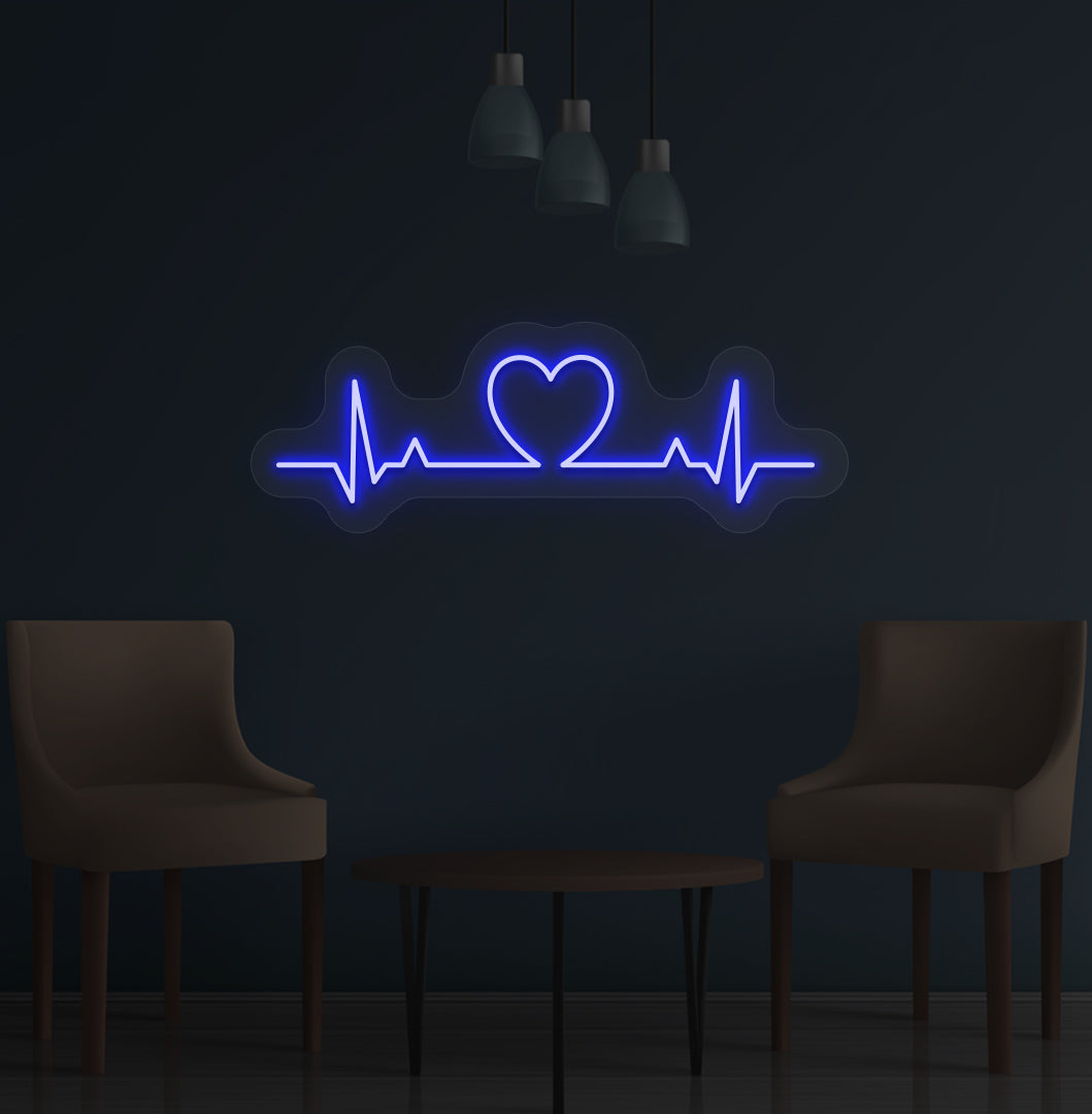 Image of a heartbeat LED neon sign glowing on a wall in blue color.