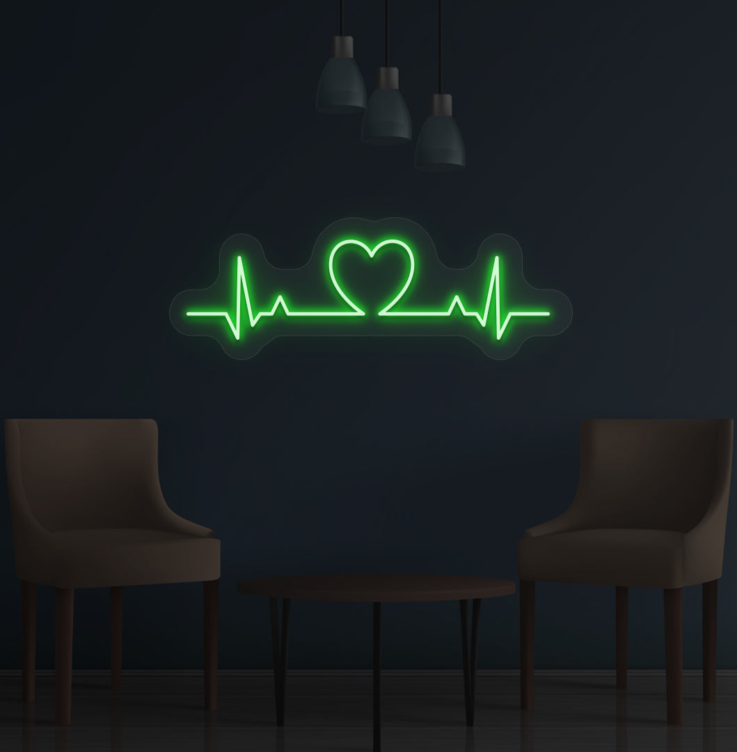 Stylish green LED heartbeat neon sign glowing on wall.