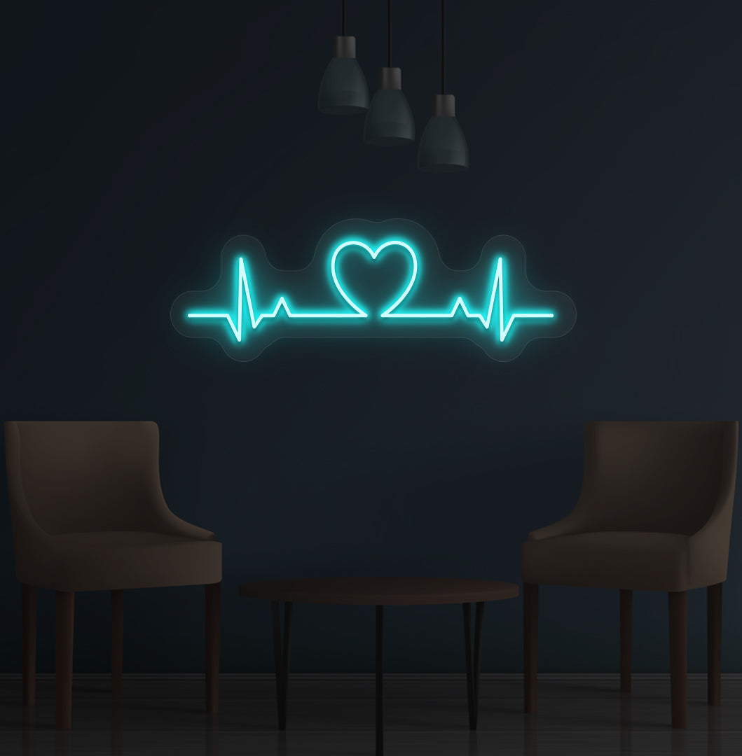 Image of a heartbeat LED neon sign glowing on a wall in ice blue color.
