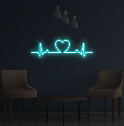 Image of a heartbeat LED neon sign glowing on a wall in ice blue color.
