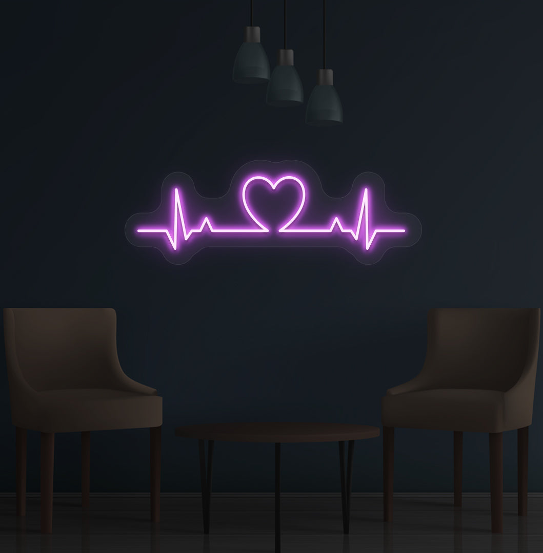 Stylish purple LED heartbeat neon sign glowing on wall.