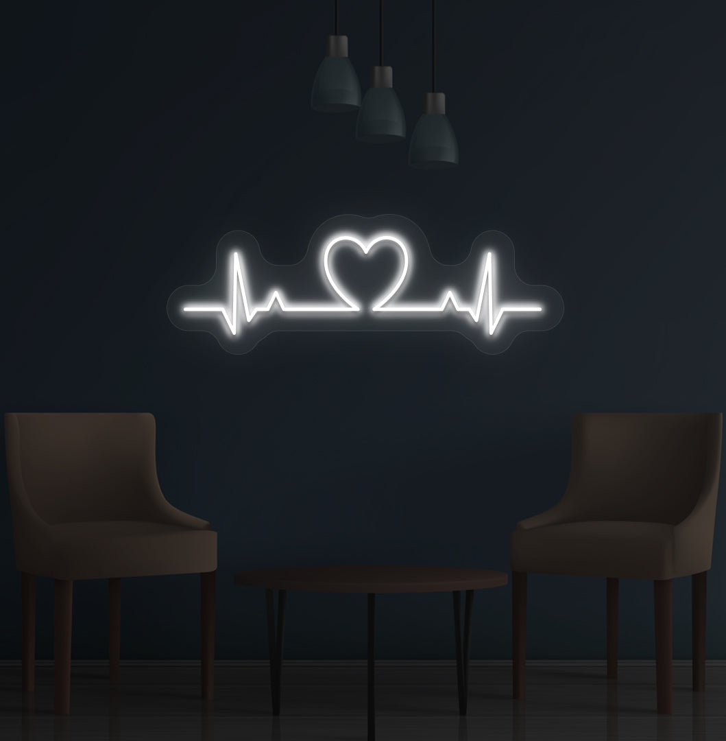 Image of a heartbeat LED neon sign glowing on a wall in white color.