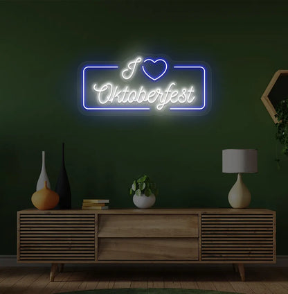 I Love Oktoberfest LED neon sign with blue glow mounted on wall.