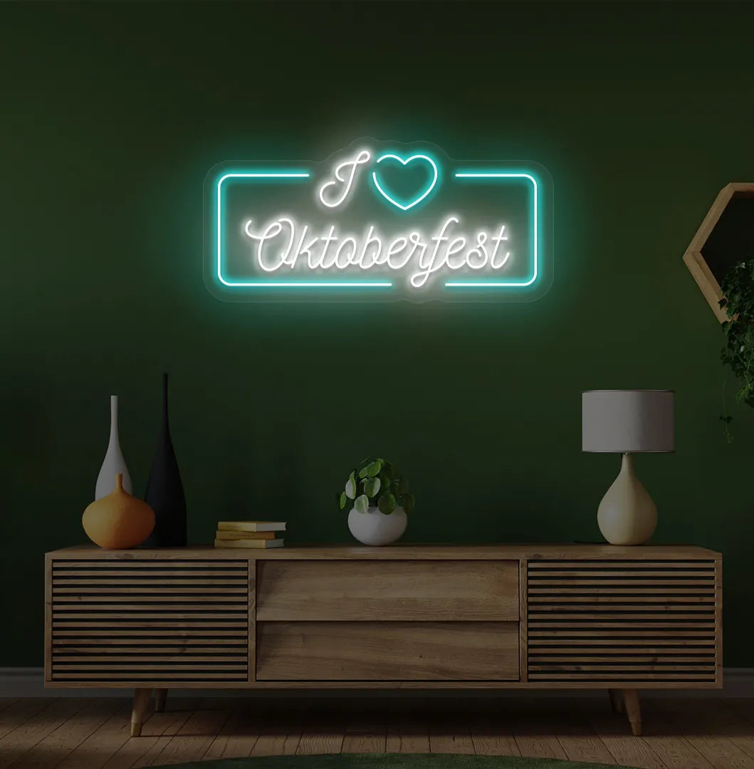 I Love Oktoberfest LED neon sign with ice blue glow mounted on wall.