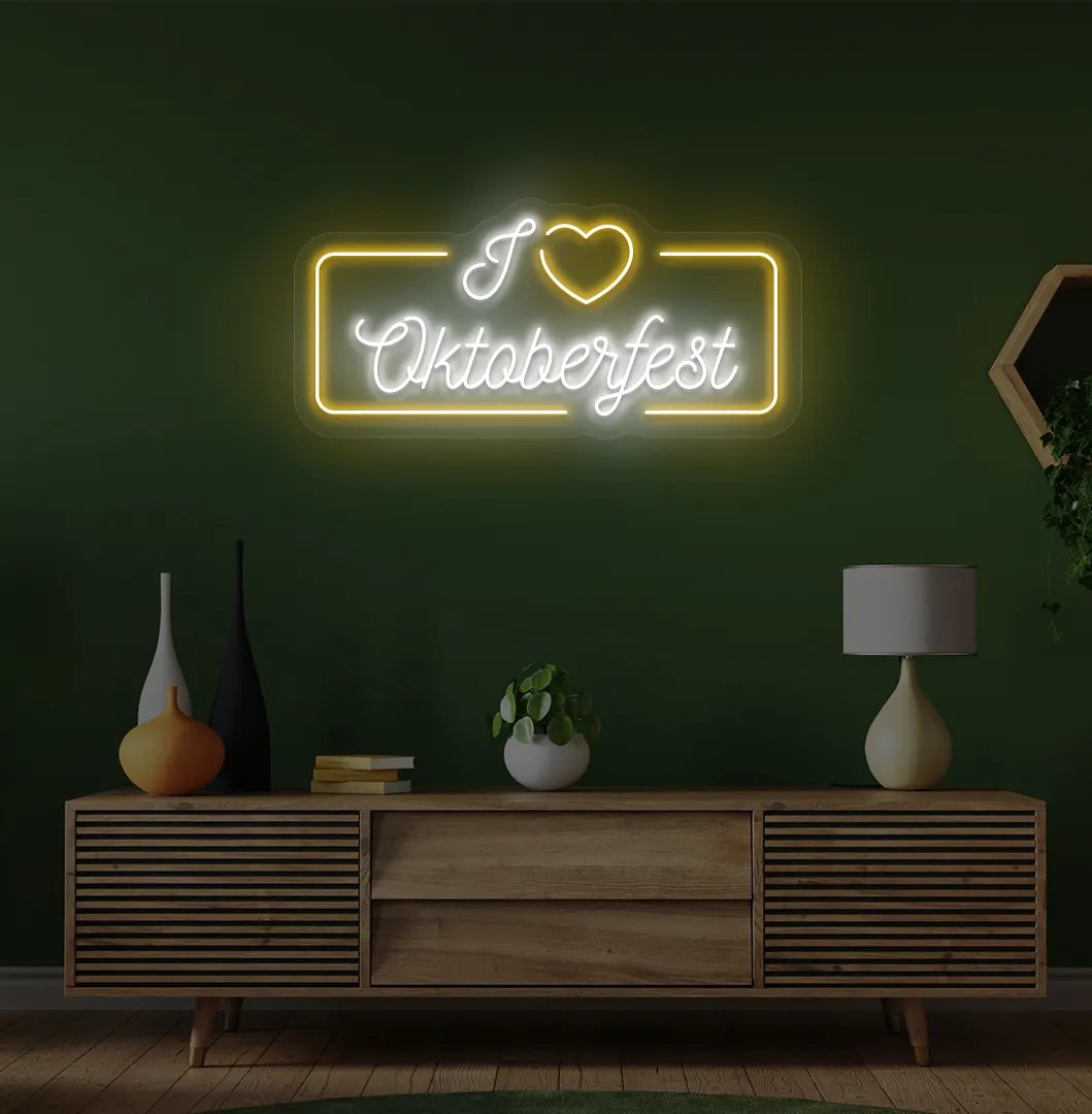 I Love Oktoberfest Neon Sign illuminated in orange and mounted on a wall