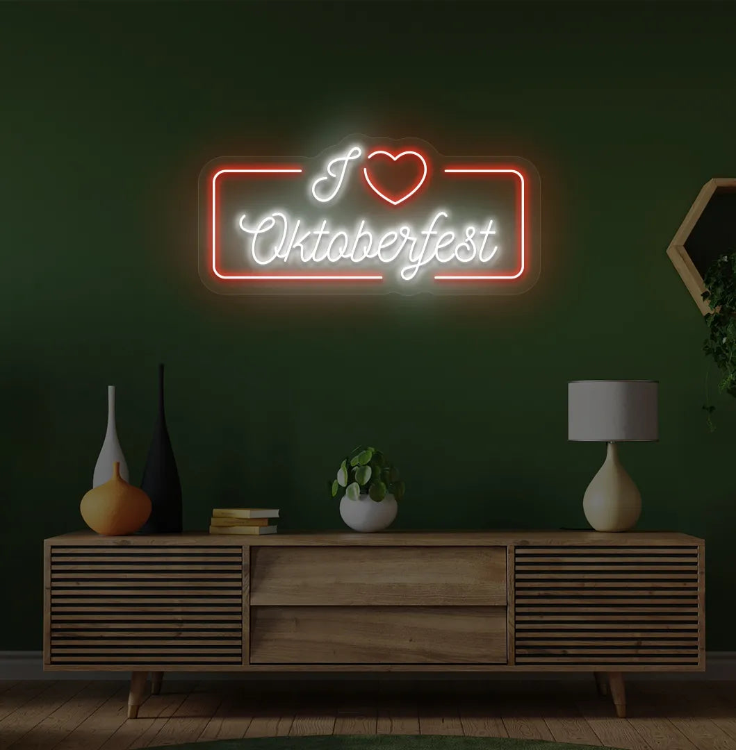 I Love Oktoberfest LED neon sign with red glow mounted on wall.
