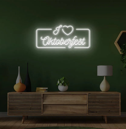I Love Oktoberfest LED neon sign with white glow mounted on wall.