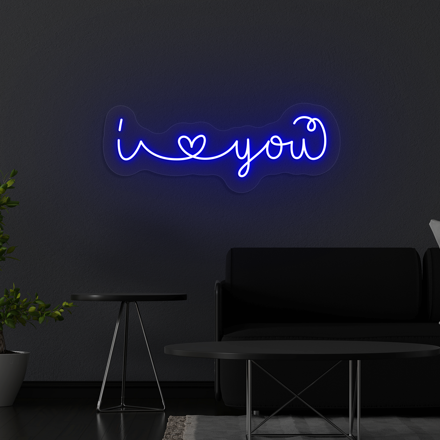 Image of a Romantic "I love you" neon sign glowing on a wall in blue color.