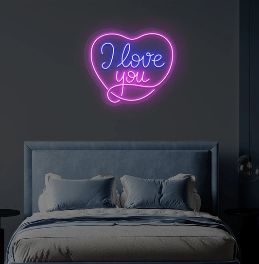 Modern bedroom wall with I love you neon sign in heart shape glowing blue.