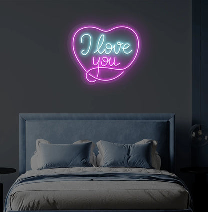 Modern bedroom wall with I love you neon sign in heart shape glowing ice blue.
