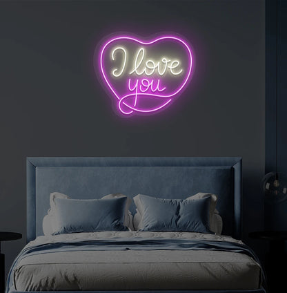 Modern bedroom wall with I love you neon sign in heart shape glowing warm white.