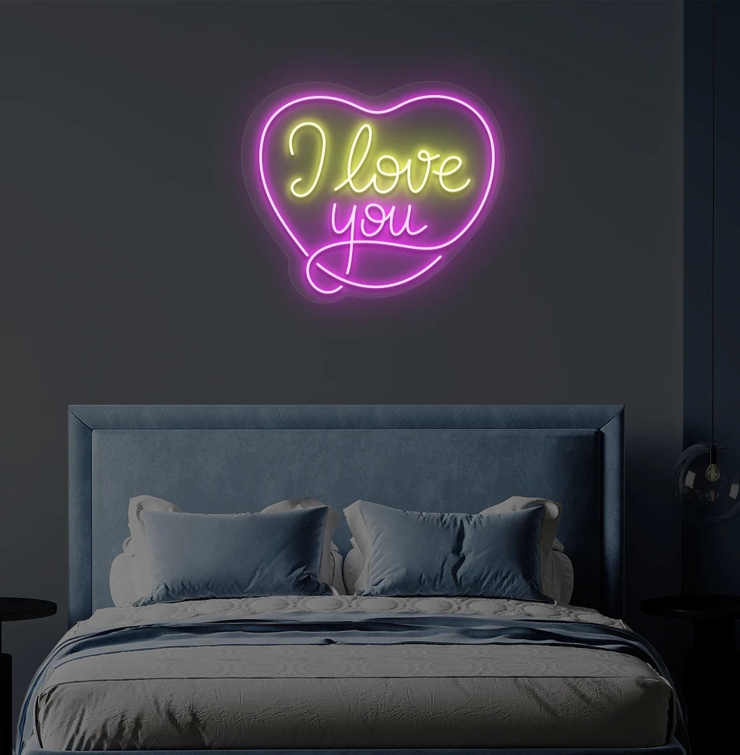 Modern bedroom wall with I love you neon sign in heart shape glowing yellow.