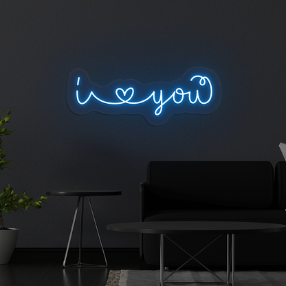 Image of a Romantic "I love you" neon sign glowing on a wall in ice blue color.