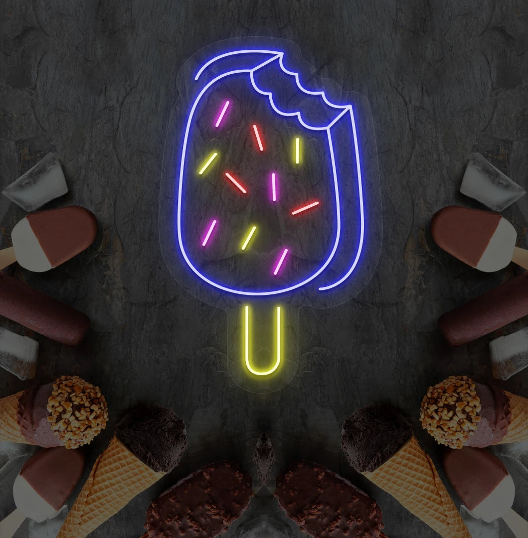 Image of an ice cream bar neon sign mounted on ice cream theme wall in blue color.