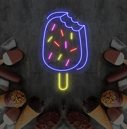 Image of an ice cream bar neon sign mounted on ice cream theme wall in blue color.