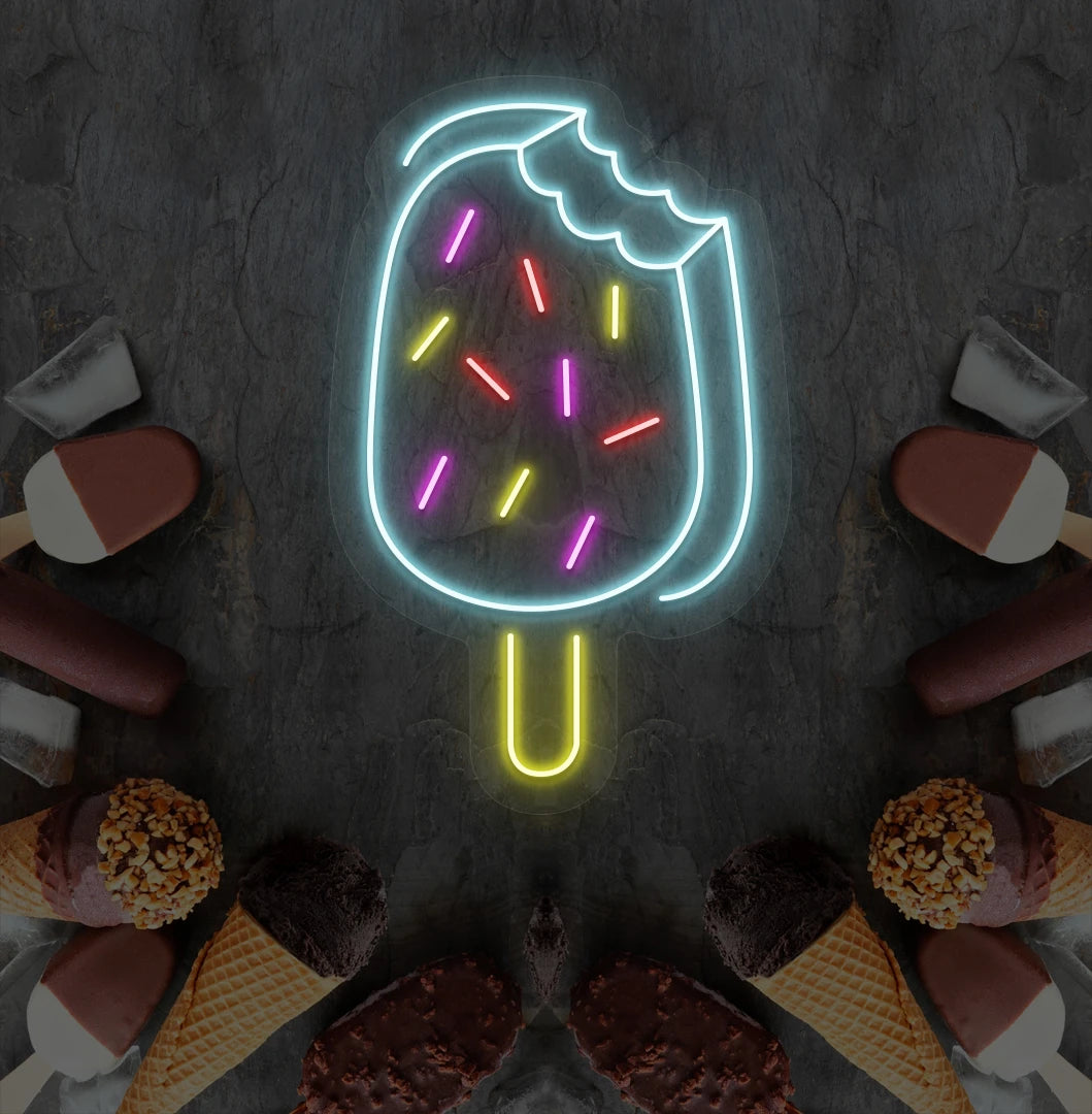 Image of an ice cream bar neon sign mounted on ice cream theme wall in ice blue color.