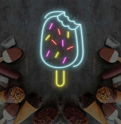 Image of an ice cream bar neon sign mounted on ice cream theme wall in ice blue color.