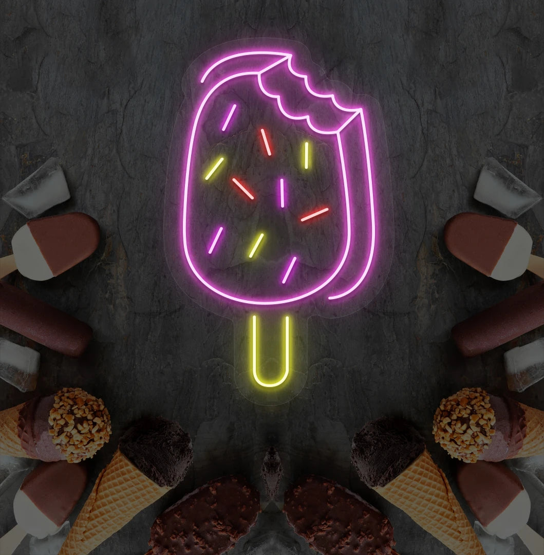Image of an ice cream bar neon sign mounted on ice cream theme wall in pink color.