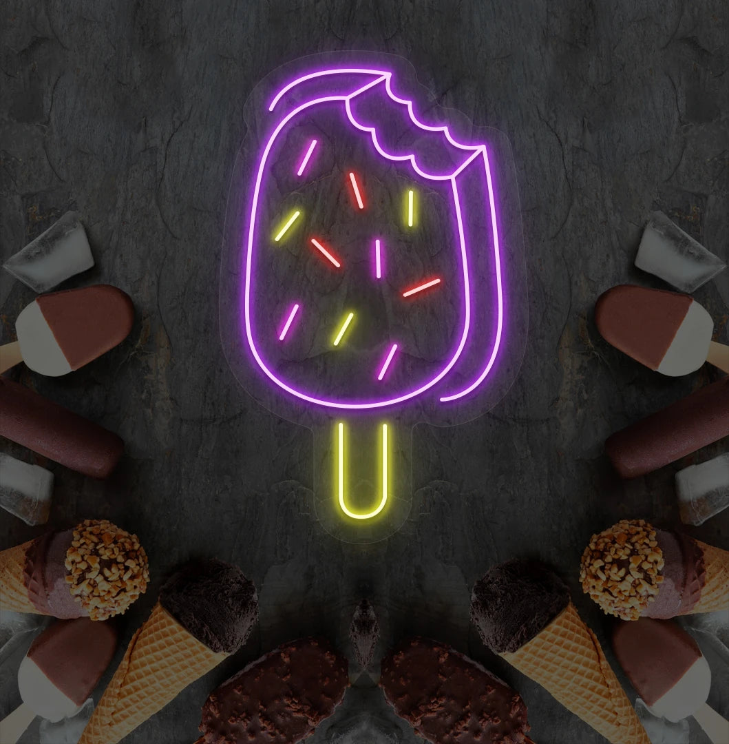 Fun ice cream bar neon sign in purple mounted on dessert theme wall.