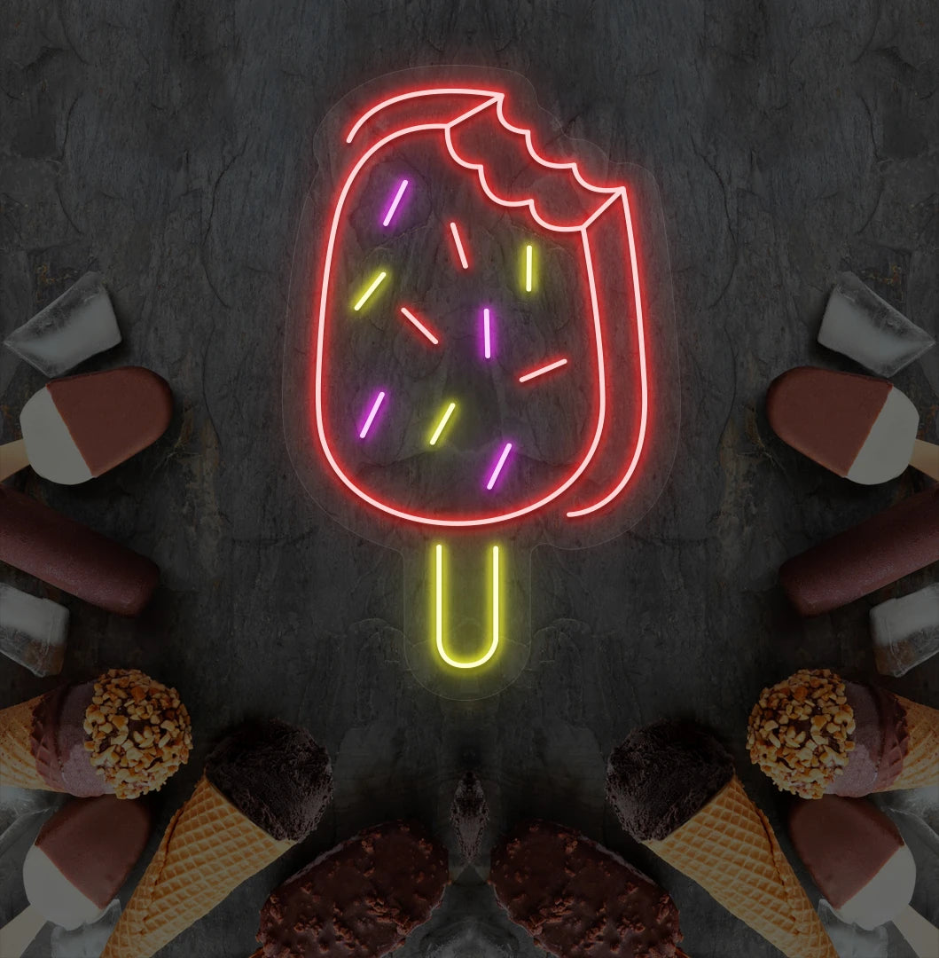 Image of an ice cream bar neon sign mounted on ice cream theme wall in red color.