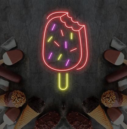 Image of an ice cream bar neon sign mounted on ice cream theme wall in red color.