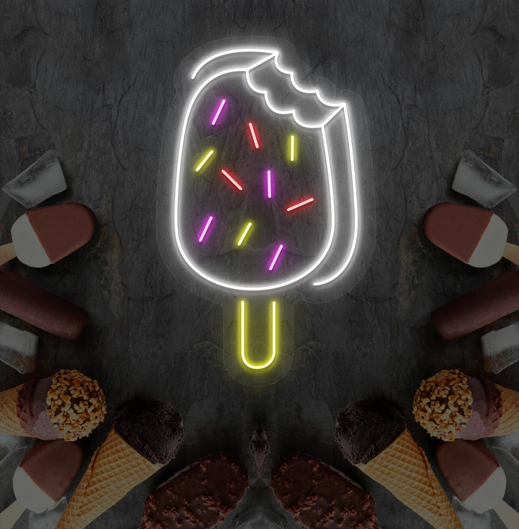 Image of an ice cream bar neon sign mounted on ice cream theme wall in white color.