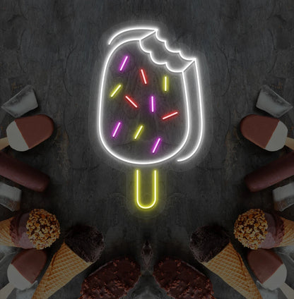 Image of an ice cream bar neon sign mounted on ice cream theme wall in white color.