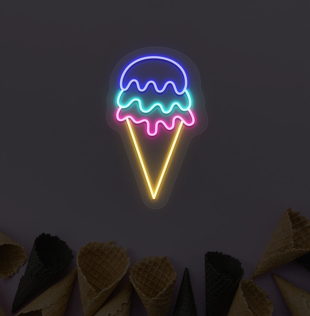 Image of an ice cream neon sign hanging on a cone-patterned wallpaper wall in blue, ice blue & pink colors, and the cone is in yellow color.