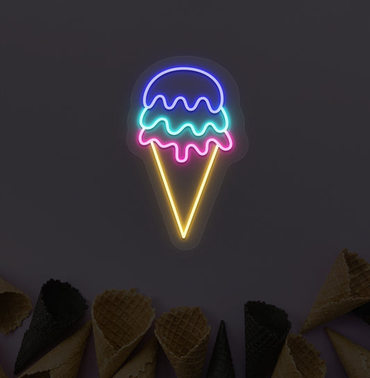 Image of an ice cream neon sign hanging on a cone-patterned wallpaper wall in blue, ice blue & pink colors, and the cone is in yellow color.