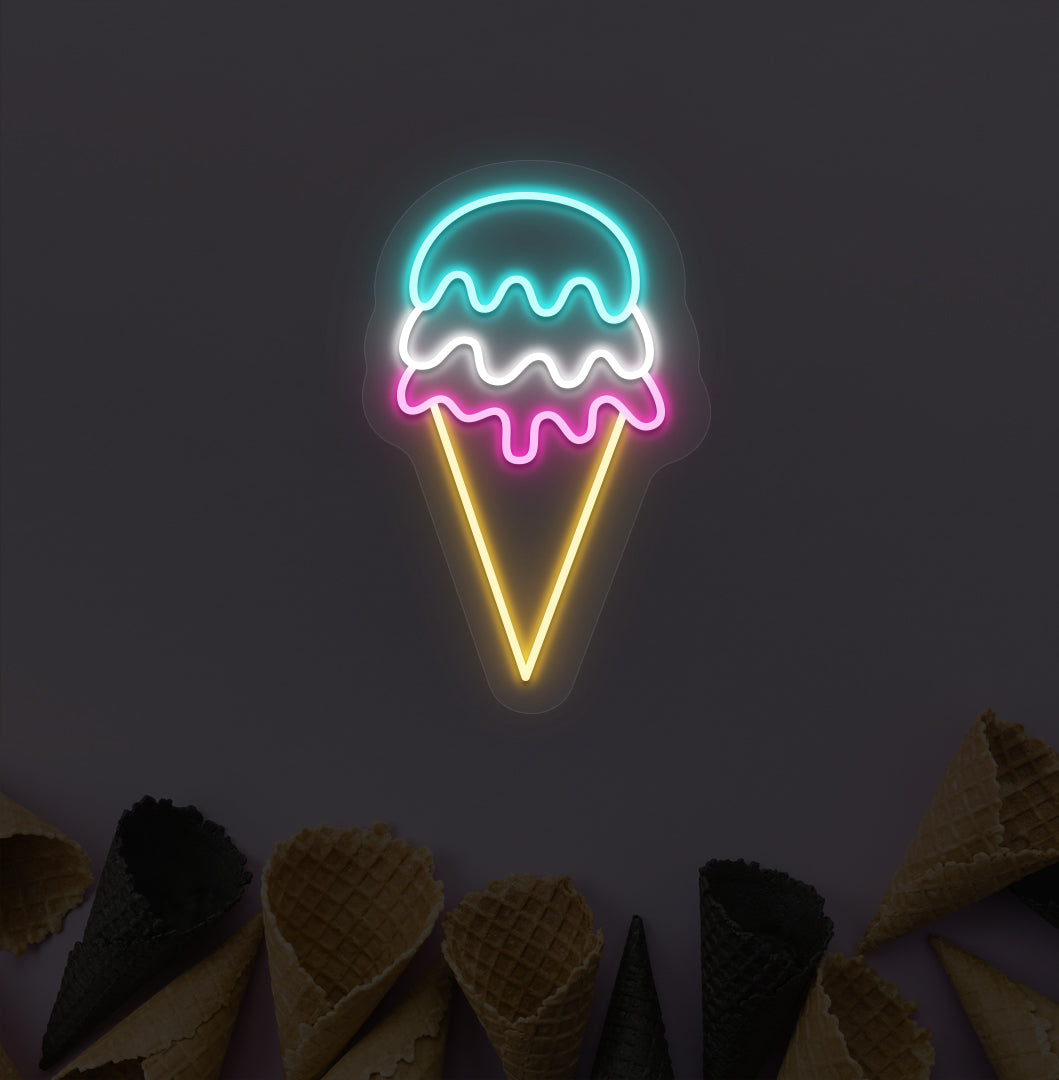 Ice cream LED neon sign, multicolor, mounted on a cone-design wallpaper wall, for ice cream parlors.