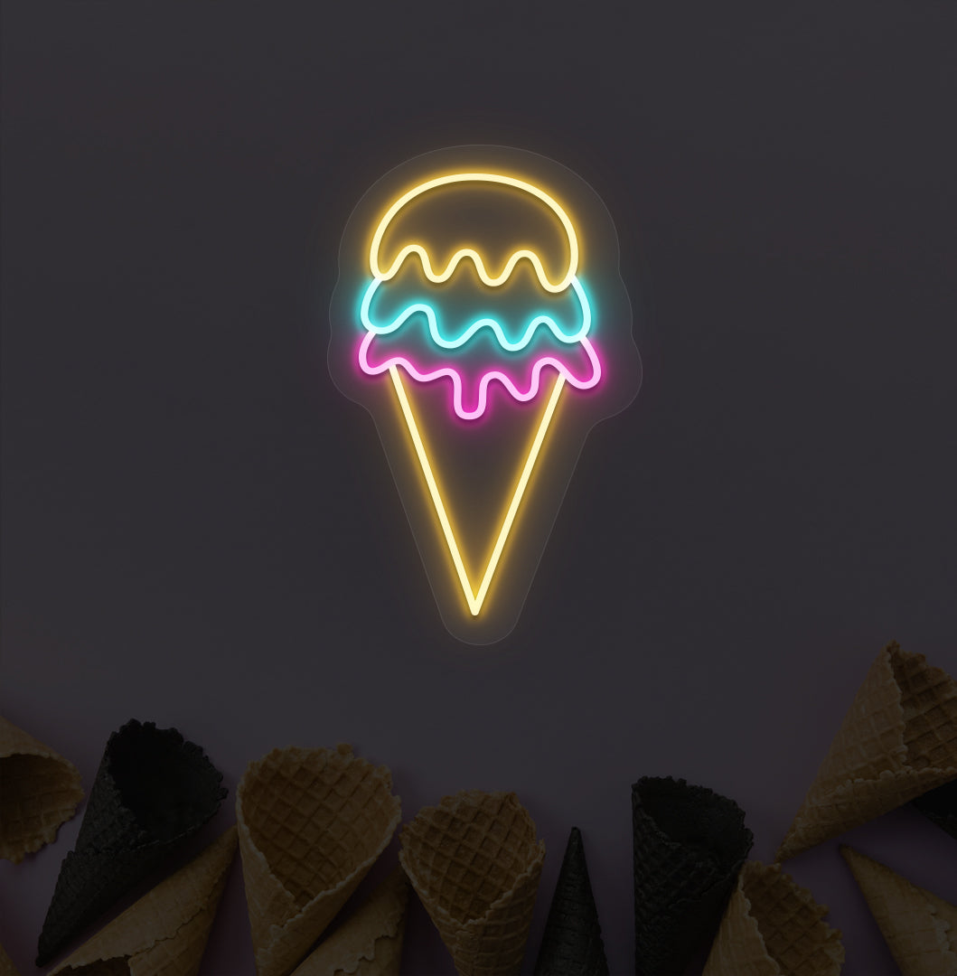Image of an ice cream neon sign hanging on a cone-patterned wallpaper wall in orange, ice blue & pink colors, and the cone is in yellow color.