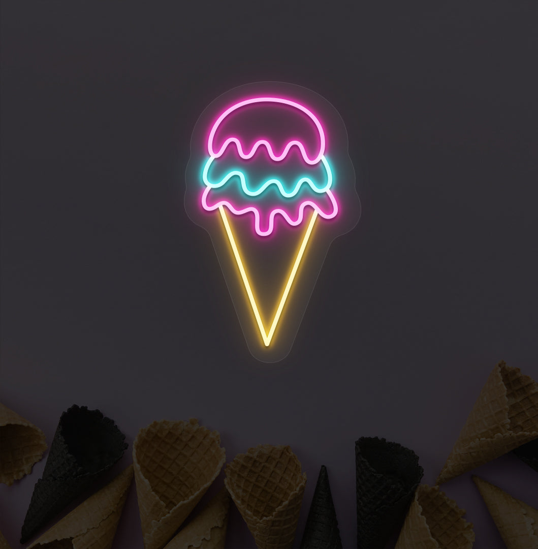 Ice cream LED neon sign in pink & ice blue color mounted on a cone-design wallpaper wall, for ice cream parlors.