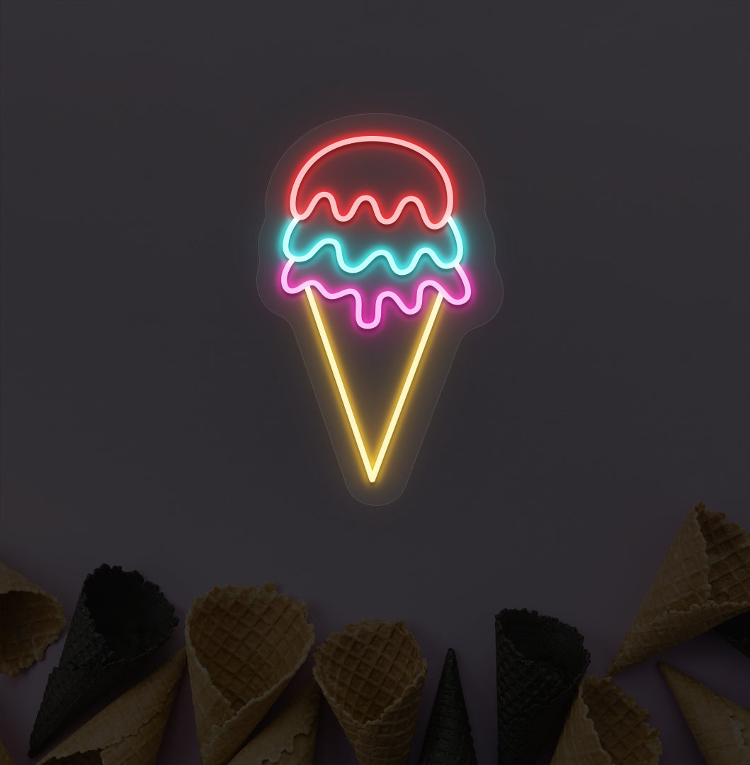 Image of an ice cream neon sign hanging on a cone-patterned wallpaper wall in red, ice blue & pink colors, and the cone is in yellow color.