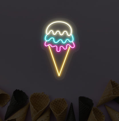 Ice cream LED neon sign in warm white, pink & ice blue color mounted on a cone-design wallpaper wall, for ice cream parlors.