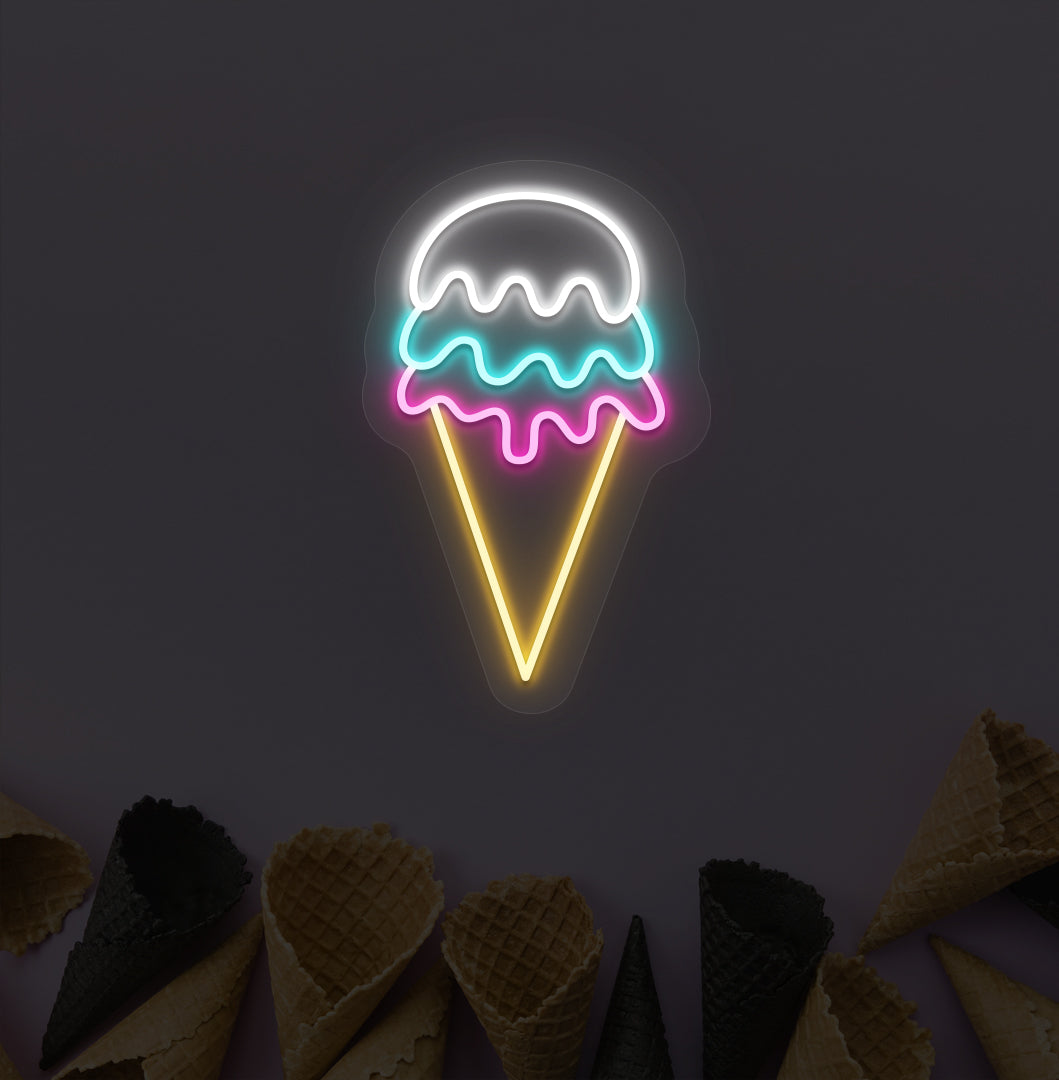 A colorful ice cream LED neon sign with white, yellow, and green glowing on a cone wallpaper wall. For ice cream parlors, food outlets & kids' rooms.