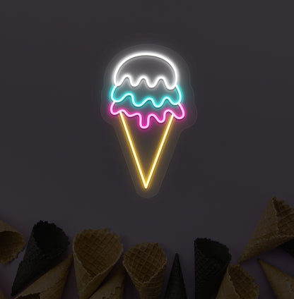 A colorful ice cream LED neon sign with white, yellow, and green glowing on a cone wallpaper wall. For ice cream parlors, food outlets & kids' rooms.