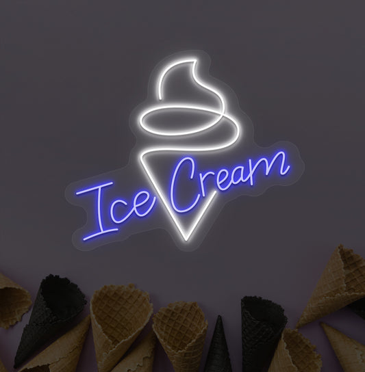 Image of an ice cream LED neon sign hanging on a wall with an ice cream cone sign in blue color.