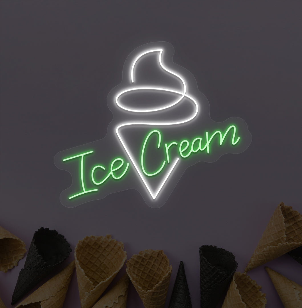 Green LED ice cream neon sign with ice cream cone. Perfect for kids' rooms & play areas and dessert shop wall decor.
