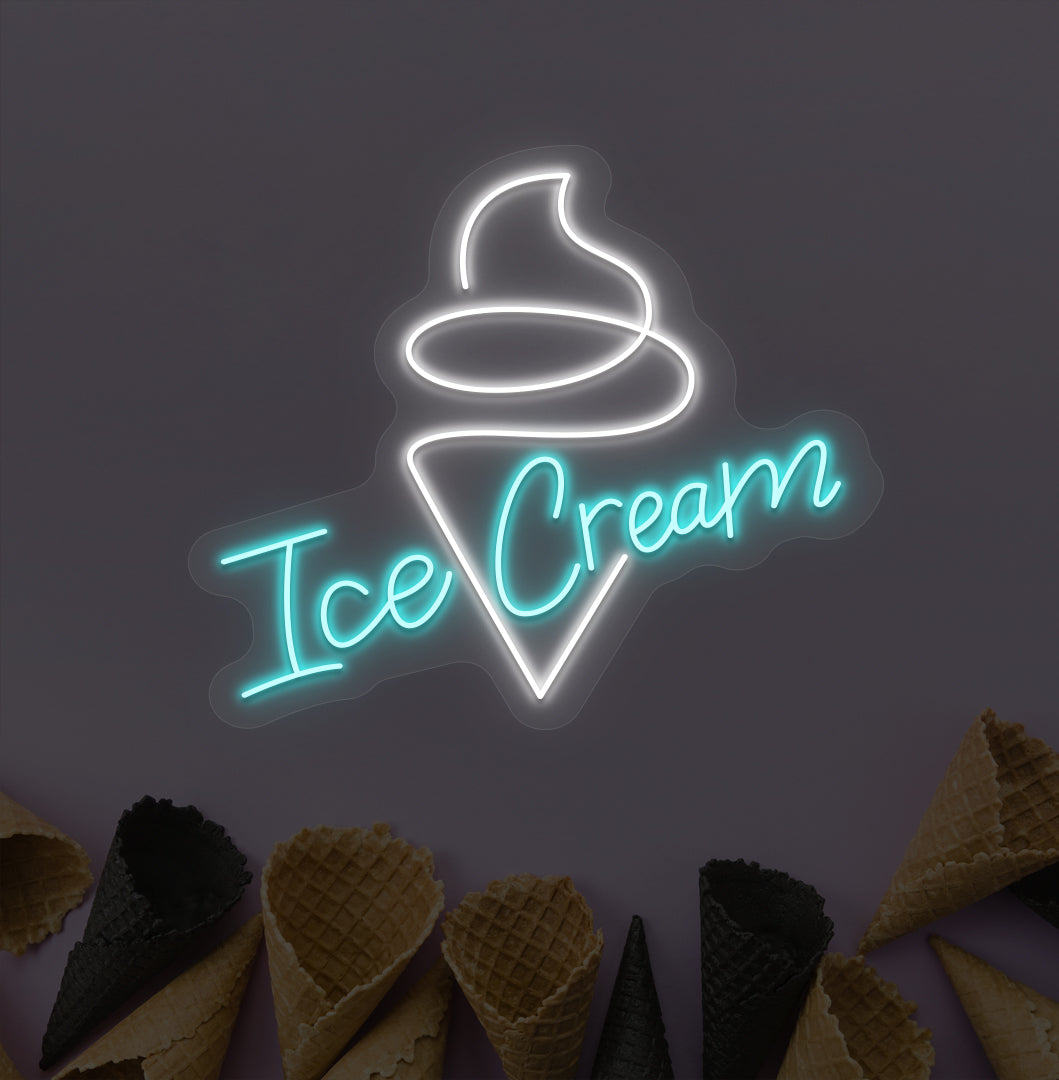 Image of an ice cream LED neon sign hanging on a wall with an ice cream cone sign in ice blue color.