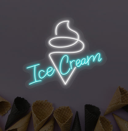 Image of an ice cream LED neon sign hanging on a wall with an ice cream cone sign in ice blue color.