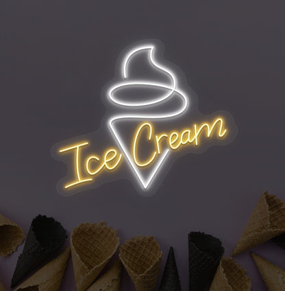 Stylish orange ice cream with cone neon sign for wall decoration.