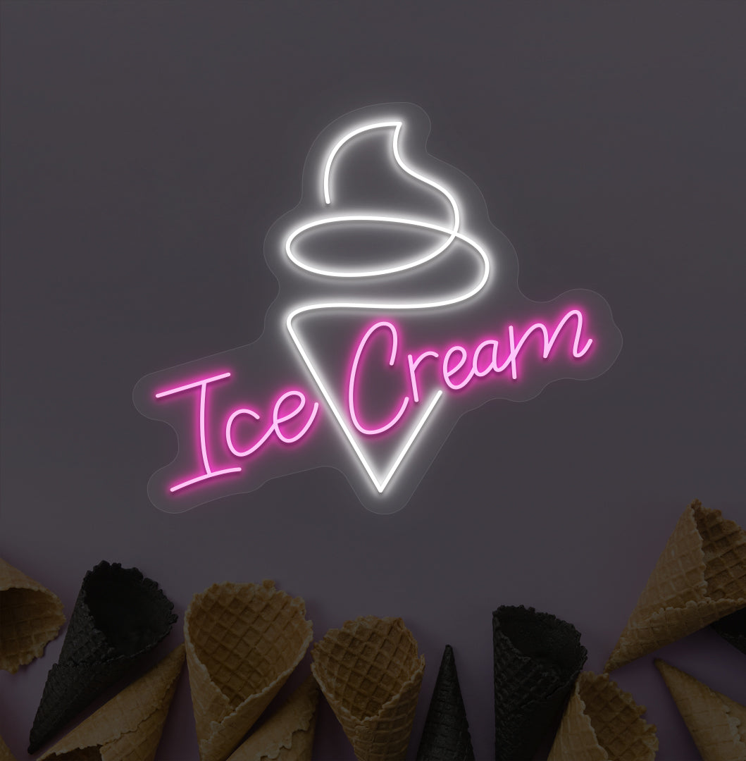 Pink LED ice cream neon sign with ice cream cone. Perfect for kids' rooms & play areas and dessert shop wall decor.