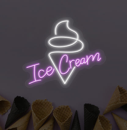 Image of an ice cream LED neon sign hanging on a wall with an ice cream cone sign in purple color.