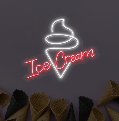 Stylish red ice cream with cone neon sign for wall decoration.