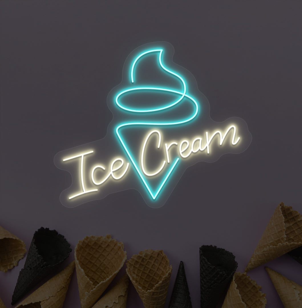 Stylish warm white ice cream with cone neon sign for wall decoration.
